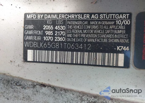 2001 Mercedes-Benz Clk 320 из США, поврежденный, VIN WDBLK65G81T063412